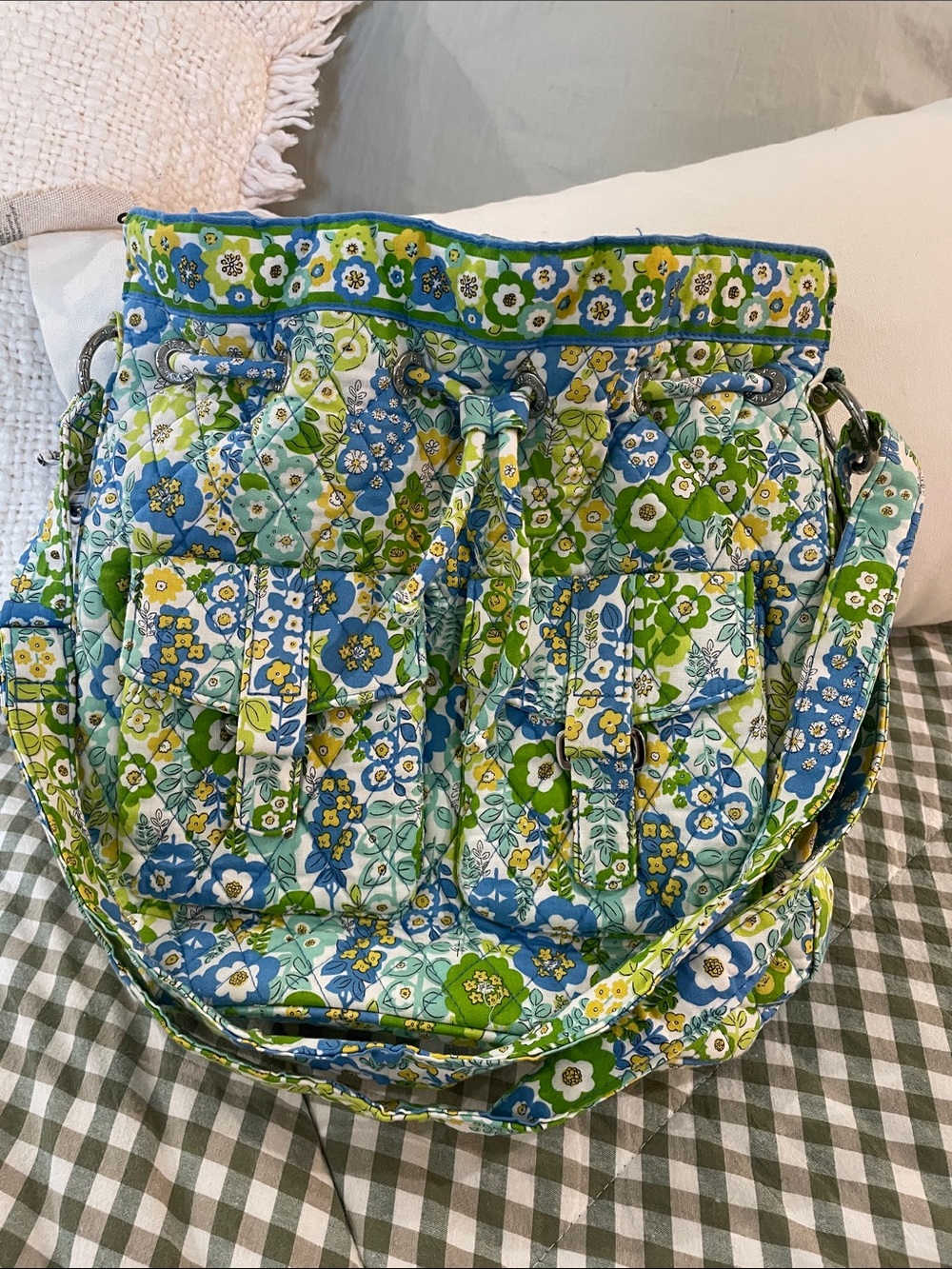 Vera Bradley Drawstring Bucket Quilted Floral Shoulder Bag in Blue & Green